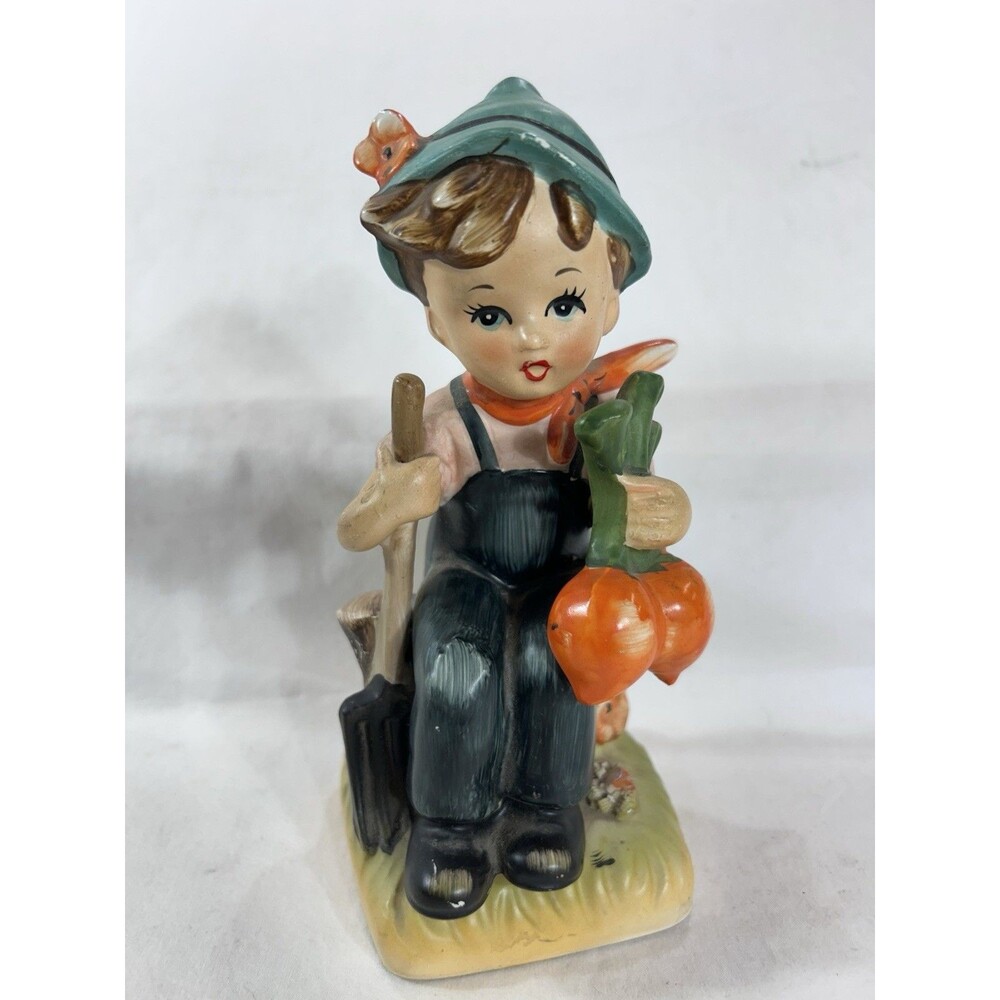 Vintage Enesco Farmer Boy Figurine E-6200 7.75" Sitting Vegetable Hummel Style
